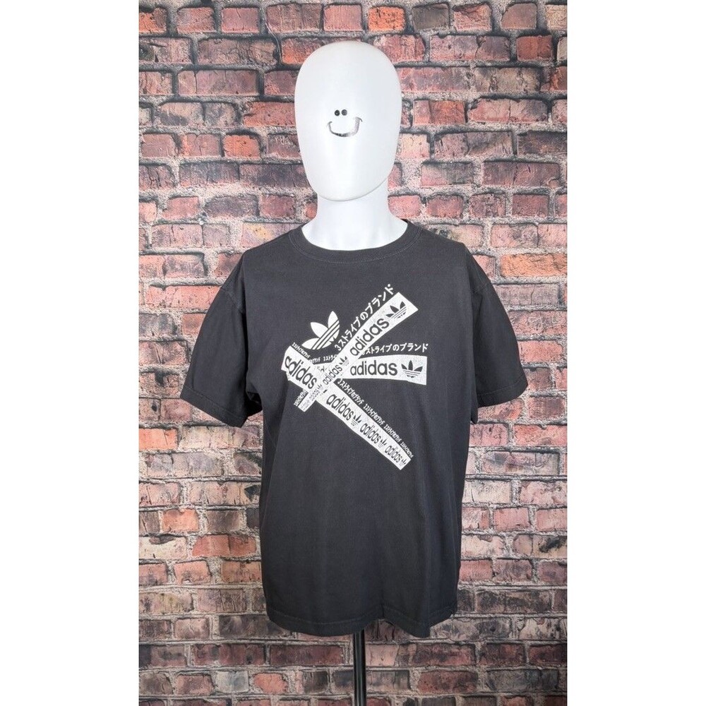 Adidas Shirt Men Black Short Sleeve Japanese Spellout Trefoil Tee- Large